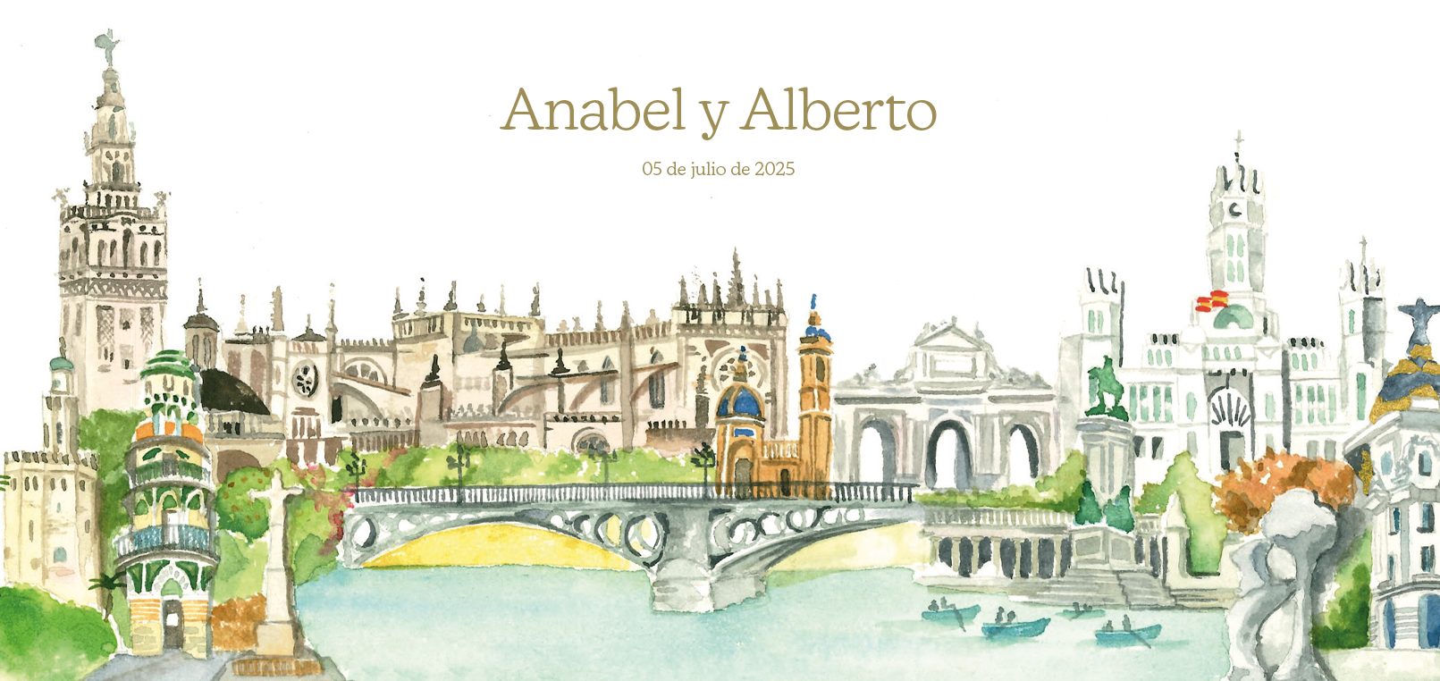 Ilustración de edificios icónicos de Sevilla y Madrid, con el texto "Anabel y Alberto".